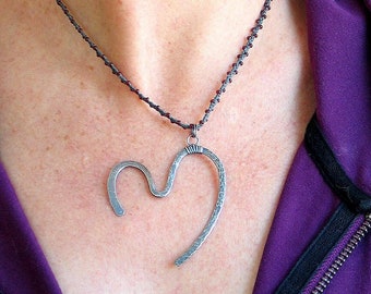 Artisan Sterling Silver Heart Pendant, Textured Oxidized Silver, Open Heart Pendant II, Fine Braided Linen and Glass Chain, One of a Kind