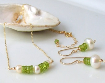 Peridot Gemstone Set, Gold Earrings & Necklace with Pearls, Bar Pendant, August Birthstone, Handmade Artisan Original Design WillOaks Studio