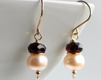 Pearl Garnet Gold Earrings, Handmade Freshwater Pearl Earrings in Gold Filled, Fashion Earrings, January Birthstone