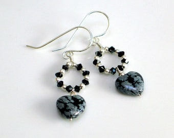 Black Heart Dangle Earrings, Sterling with Snowflake Obsidian and Swarovski Crystals, Dark Valentine, Elegant Statement Earrings