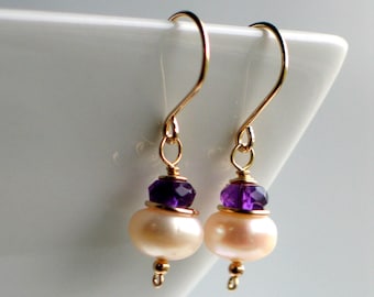 Pearl Amethyst Gold Earrings, Handmade Freshwater Pearl Earrings in Gold Filled, Fashion Pearls, February Birthstone