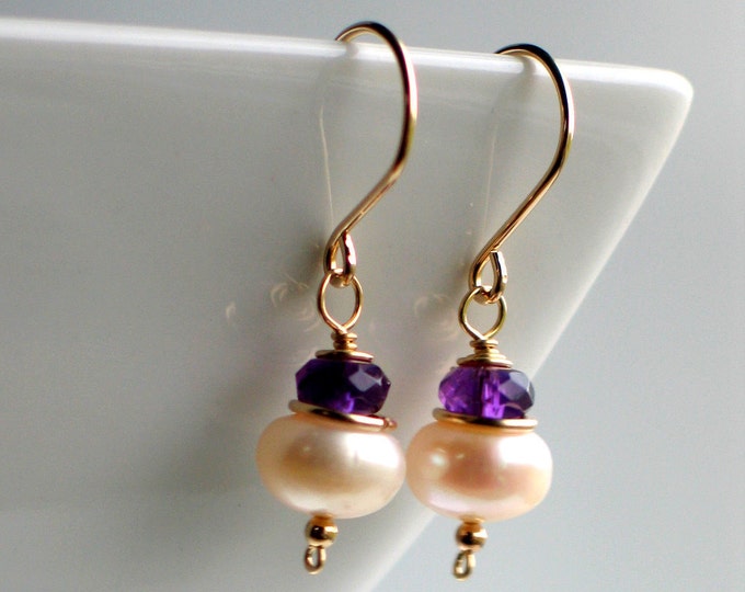 Featured listing image: Pearl Amethyst Gold Earrings, Handmade Freshwater Pearl Earrings in Gold Filled, Fashion Pearls, February Birthstone