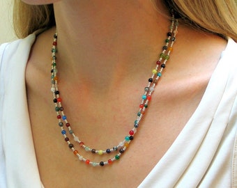 Multi Colored Bead Necklace, Colorful Long Stone Beaded Necklace, Layering Hippie Chain, Boho, Wrap Cuff