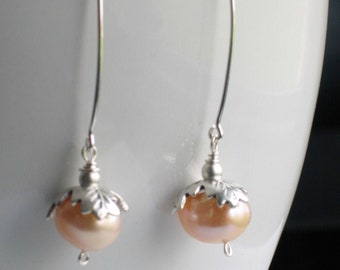 Peach Pearl Earrings Long Dangles with Floral Silver Bead Caps, Peach and Silver, Spring Earrings, Wedding Dangles, Pearl Drops