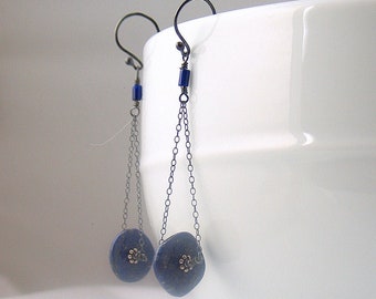 Lapis Wheel Dangle Earrings, Blue Disks on Gray Sterling Chains, Swingy Earrings, Original Artisan Design, Long Minimal Dangles