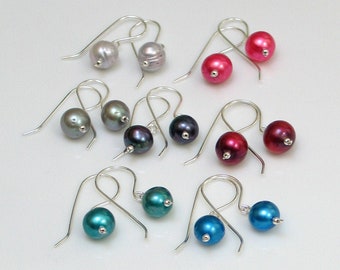 Bright and Dark Freshwater Pearl Drop Earrings, Large Pearl Earrings Teal, Blue, Gray, Peacock, Red, Pink, Light Gray, Simple and Elegant