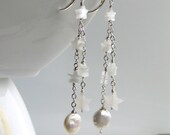 Celestial Sterling Jewelry, Moon Stars Long Dangle Earrings, White Pearl Coin and Stone Stars, Starry Night Earrings, Original Gift