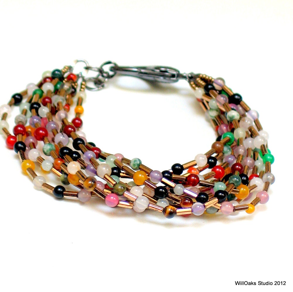 Mixed Gemstone Beaded Bracelet, Multi Strand Vintage Bugle Beads