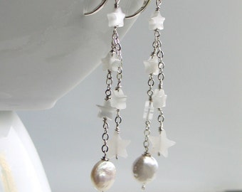 Celestial Sterling Jewelry, Full Moon & Stars Long Dangle Earrings, White Pearl Coin and Stone Stars, Starry Night Earrings, Original Gift