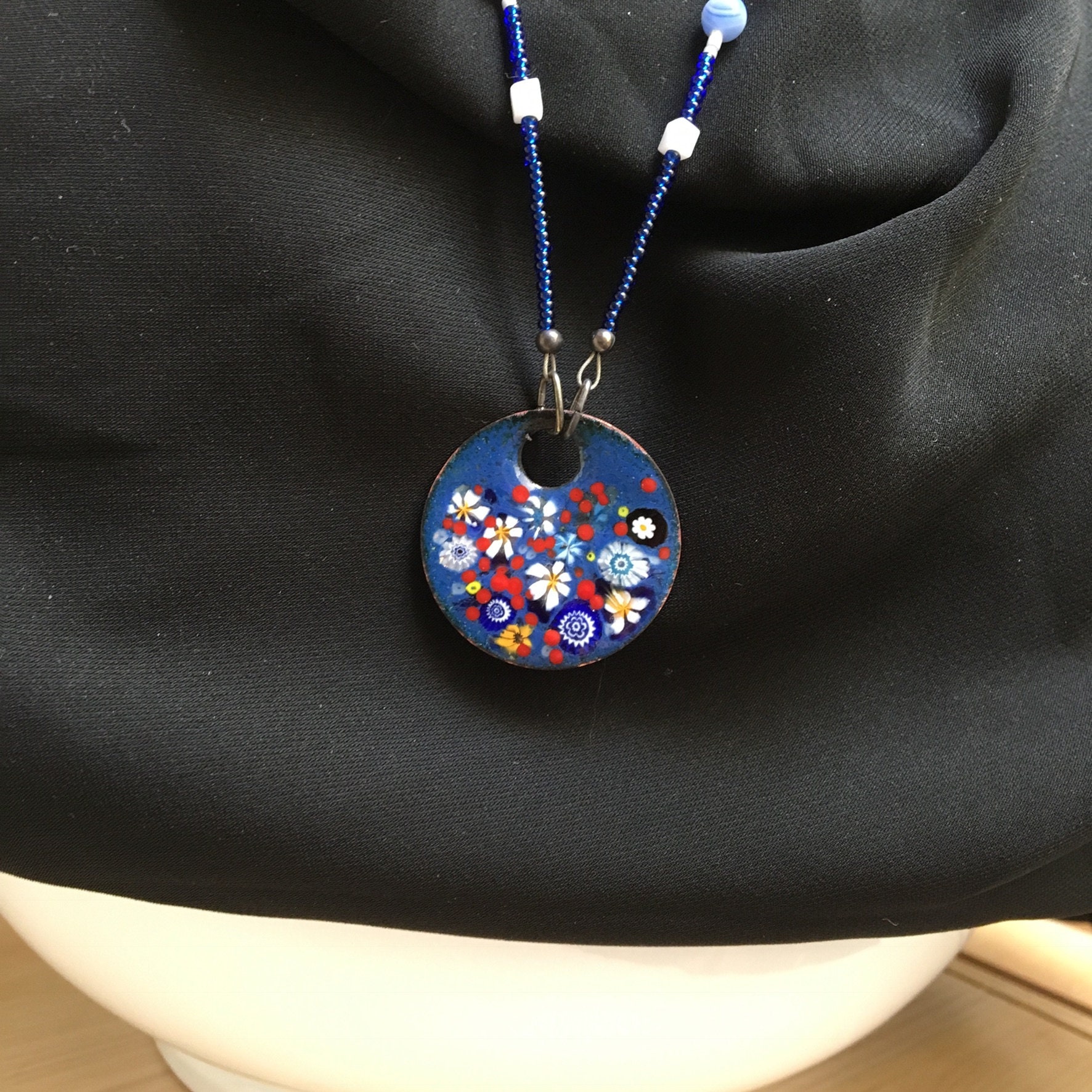 Enameled Copper Art, Enamel Jewelry, Blue Pendant, Flower Garden in