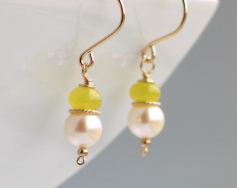Chartreuse and White Drop Pearl Earrings, Gold Filled White Freshwater Pearl Dangle Earrings, Pearl Classics