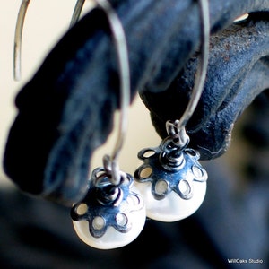 White Pearls and Oxidized Silver Earrings, Long Wire Drop Earrings, Freshwater Pearls, Modern Classic image 4