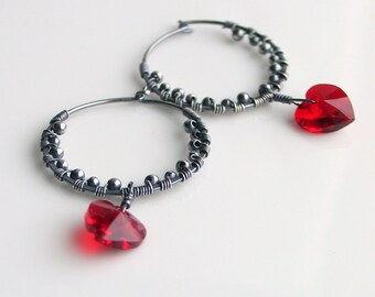 Red Heart Crystal Hoops, Textured Silver Earrings Dangle Hearts, Swarovski Crystals, Valentine's Day Earrings, Gift for Her, Artisan Hoops