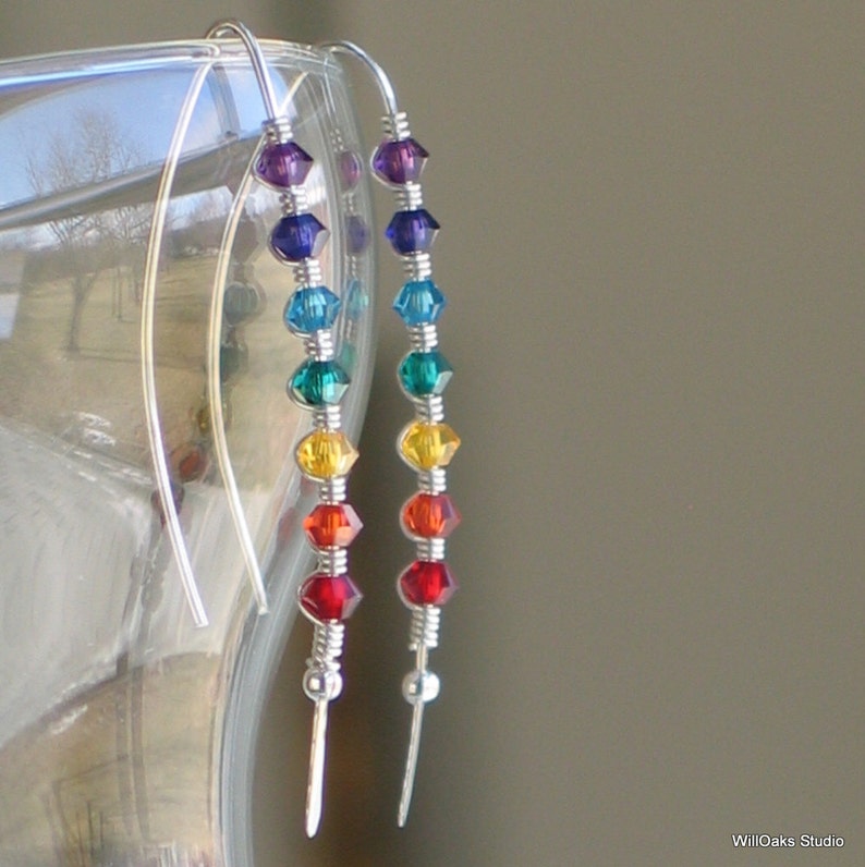 Sterling Silver Chakra Earrings with Rainbow Crystals, Elegant Curved Stick Earrings in Bright Colors, Joyful Fashion Trend image 2