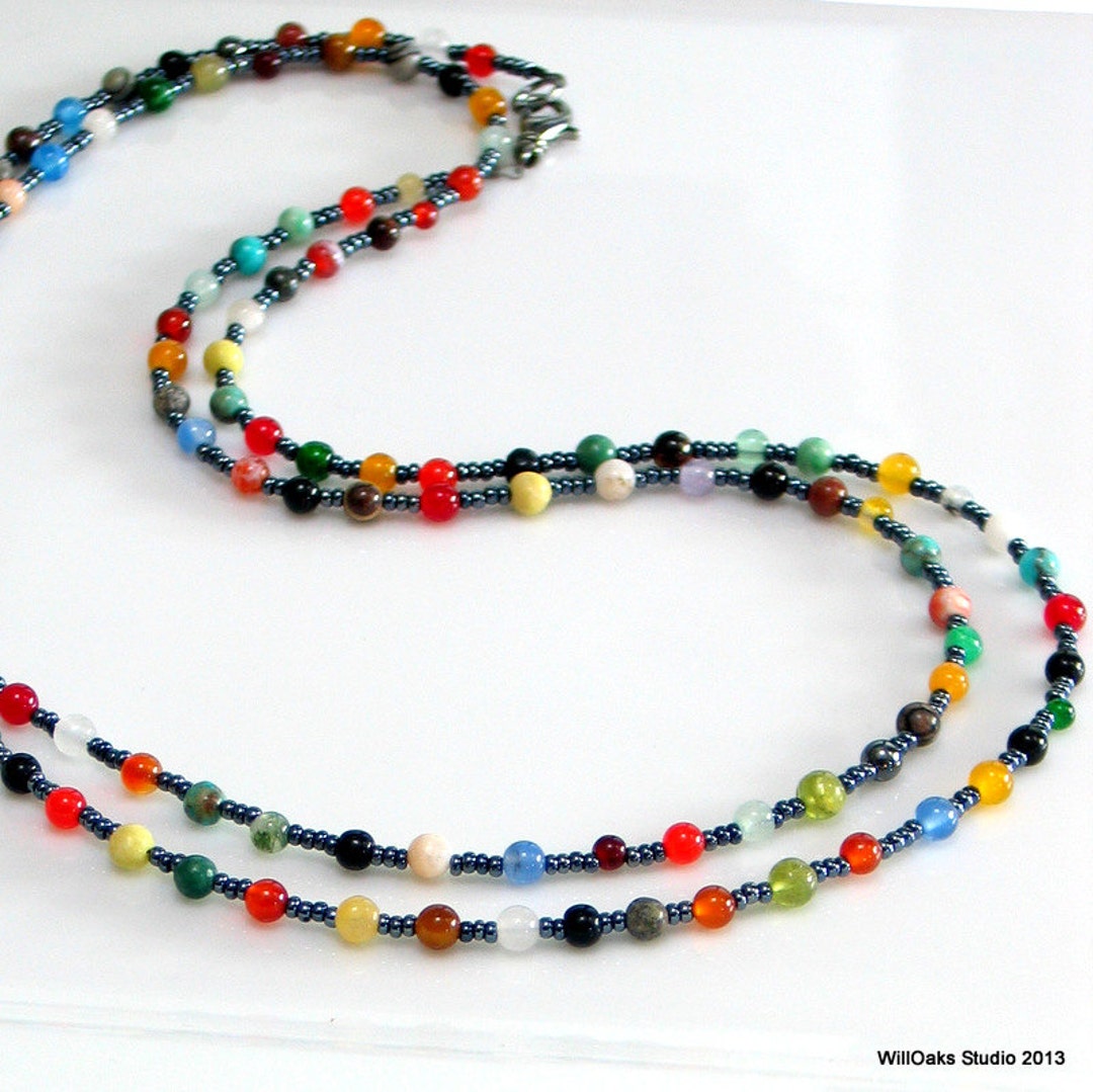 Long Beaded Necklace Colorful Mixed Gemstone and Dark Gray - Etsy