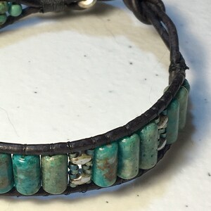 Turquoise Beaded Leather Bracelet, Rustic Teal Stone Cuff, Coin Button, Last One, Original Artisan Jewelry, WillOaksStudio, Unique Gift zdjęcie 6