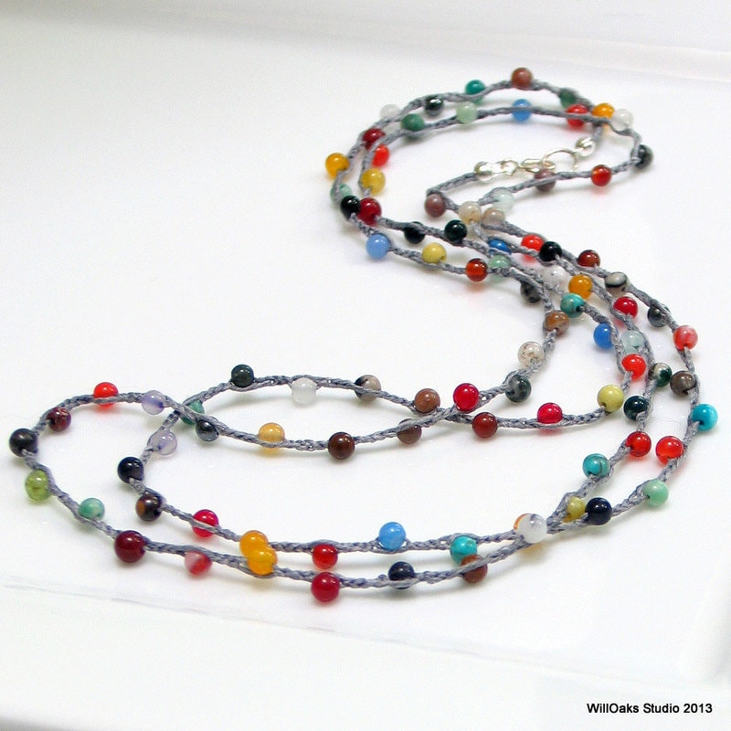 Multi Colored Bead Necklace, Colorful Long Stone Beaded Necklace, Layering  Hippie Chain, Boho, Wrap Cuff