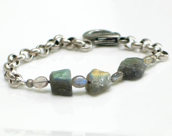 Labradorite Raw Stone Bracelet, Nuggets & Chain Gray Cuff, Gemstone Bracelet, WillOaks Studio Original Design, Nature Fashion