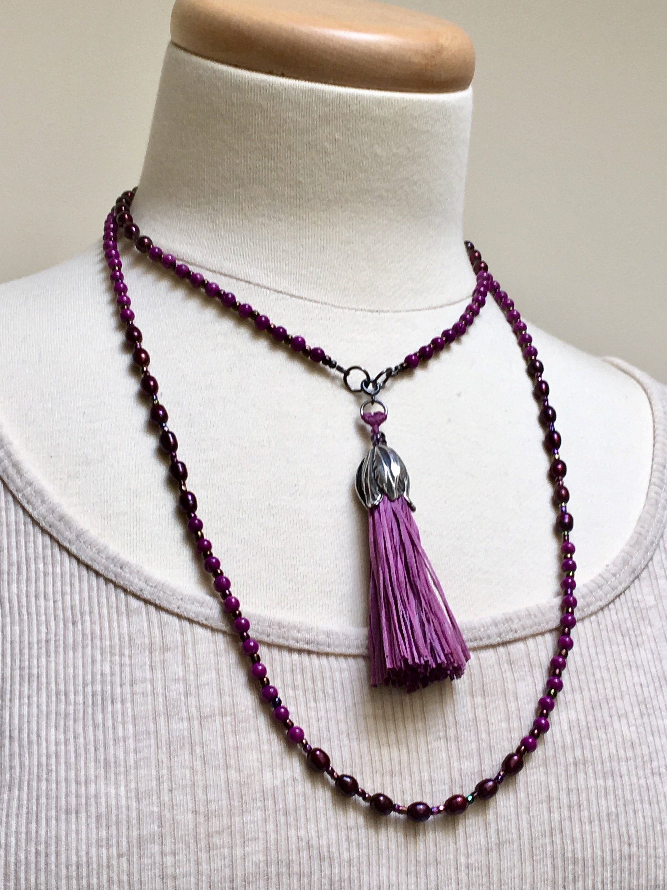 Long Beaded Necklace with Big Handmade Silk Tassel, Violet Beads