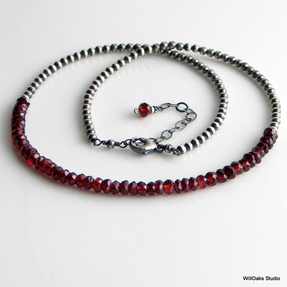Red Necklace on Sterling Silver Beaded Chain, January Birthstone