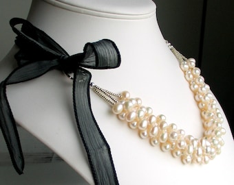 White Freshwater Pearl Necklace, Multistrand Bib on Silk Ribbon, Statement Pearls, Wedding Fashion, Deluxe Pearls, Bridal Accessory