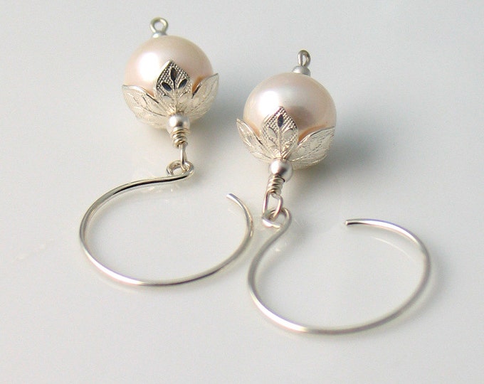Featured listing image: White Pearl Drop Earrings with Sterling Floral Details, Larger Freshwater Pearl Earrings, Sterling Silver Pearl Dangle Earrings, For June