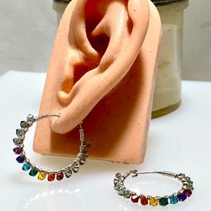 Yoga Chakra Crystal Wrapped Sterling Hoop Earring, Yoga Jewelry, Rainbow Colors, Full Spectrum, Conscious Fashion image 3