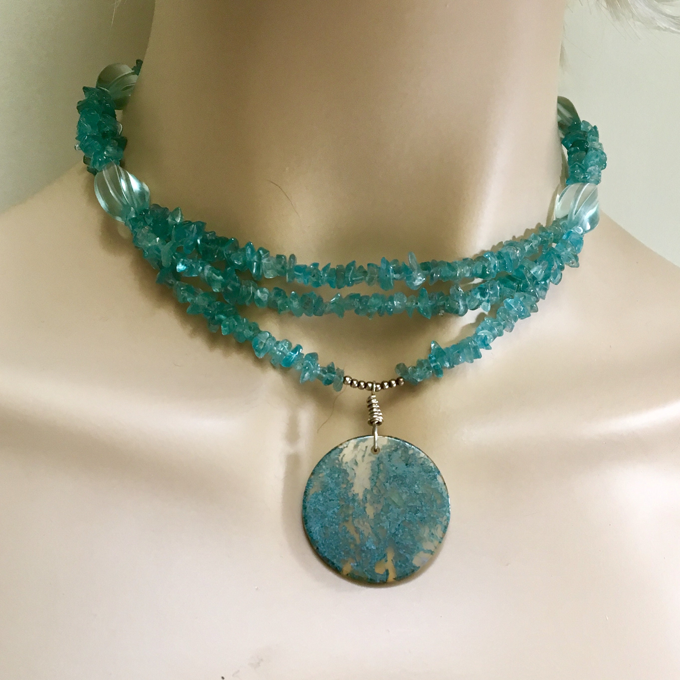 Natural Teal Gemstone Choker, Apatite Multi Strand Necklace with Big ...