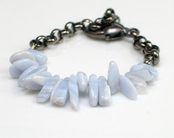 Blue Lace Agate Bracelet, Pastel Blue Stones and Dark Chain Cuff, Natural Stones Cuff, Nature Fashion