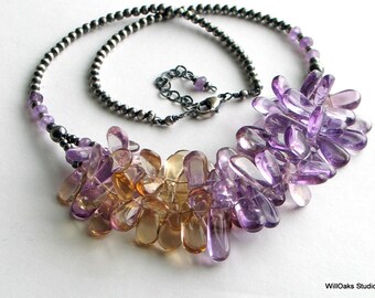 Ametrine Art Jewelry, Lavender Yellow Gemstone Bib Necklace, Ametrine Original Neckace with Sterling Silver Beaded Chain, WillOaks Studio