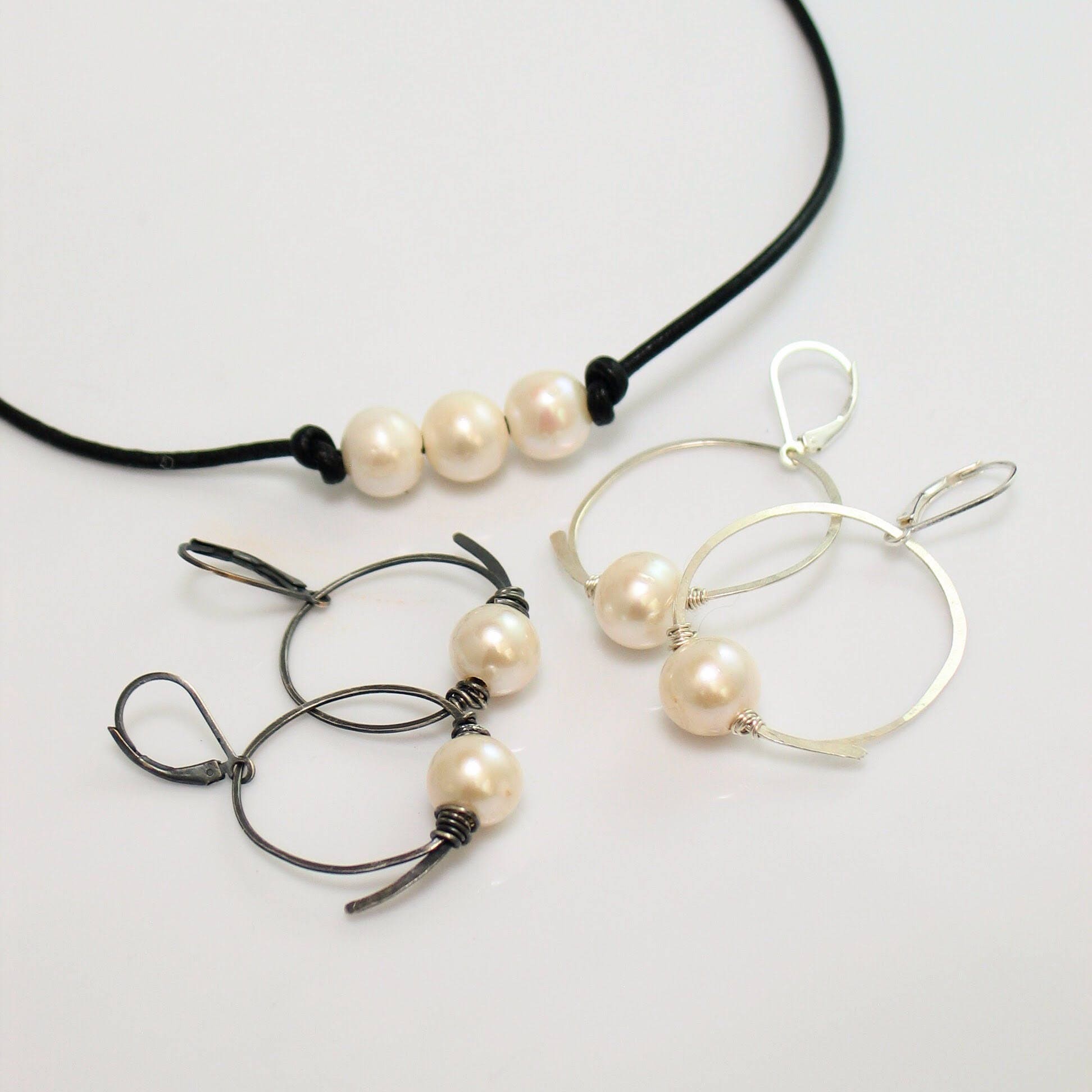 Sterling Silver Hoop Dangles with Large Freshwater Pearls, Hand