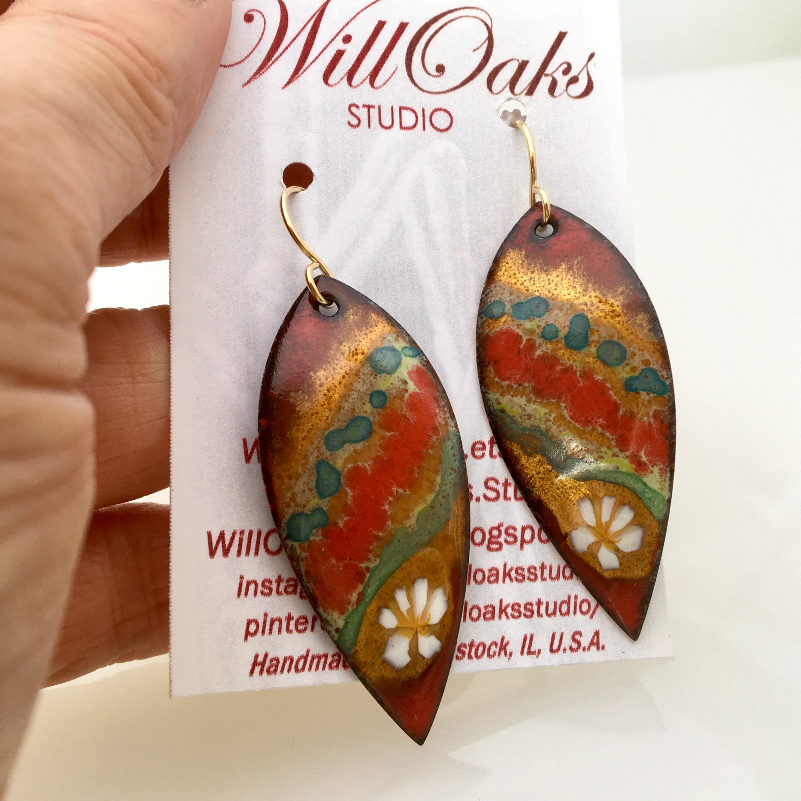 Striped Colorful Enameled Earrings, Gold and Red Leaf Shaped Dangles, Hand Enameled Metalworked