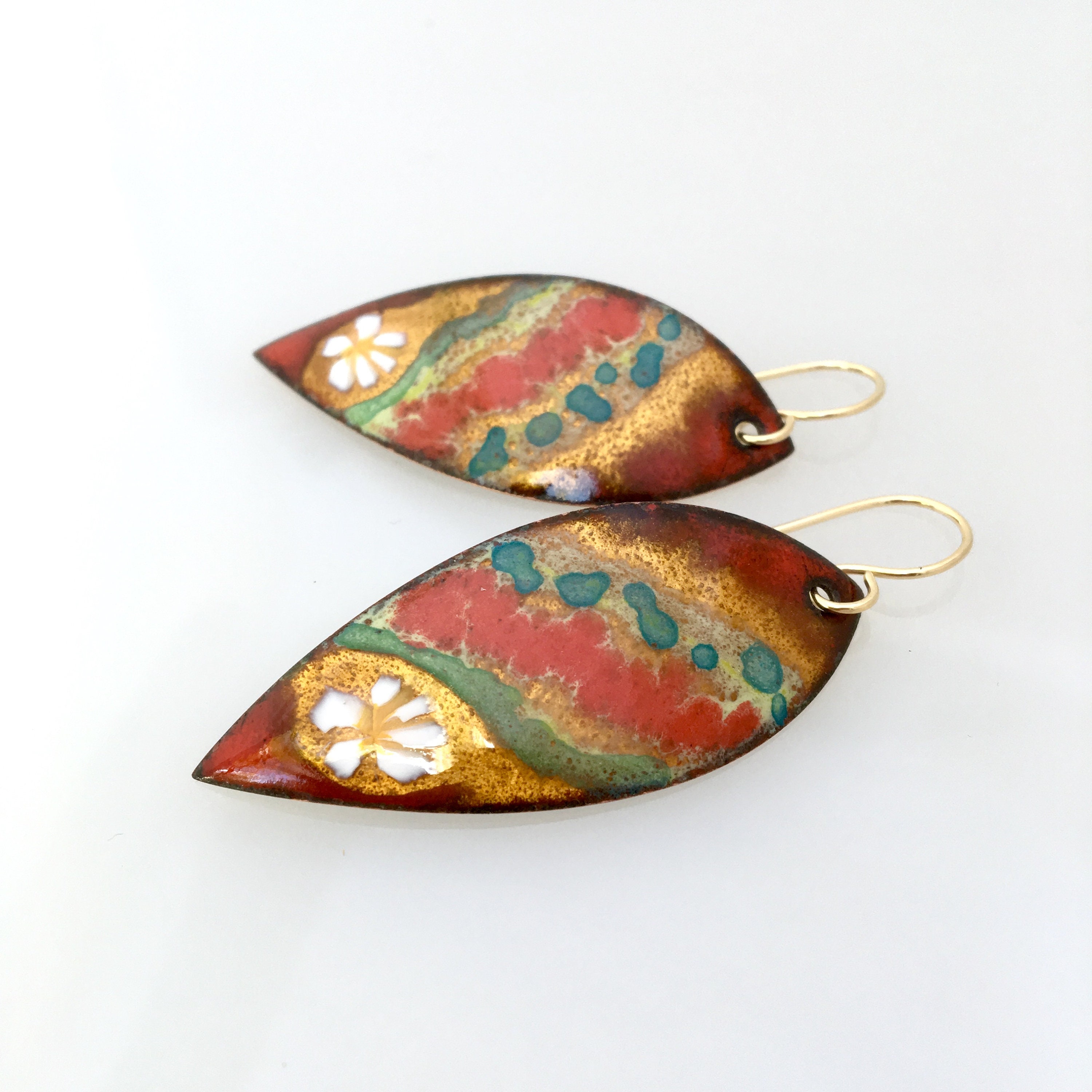 Striped Colorful Enameled Earrings, Gold and Red Leaf Shaped Dangles, Hand Enameled Metalworked