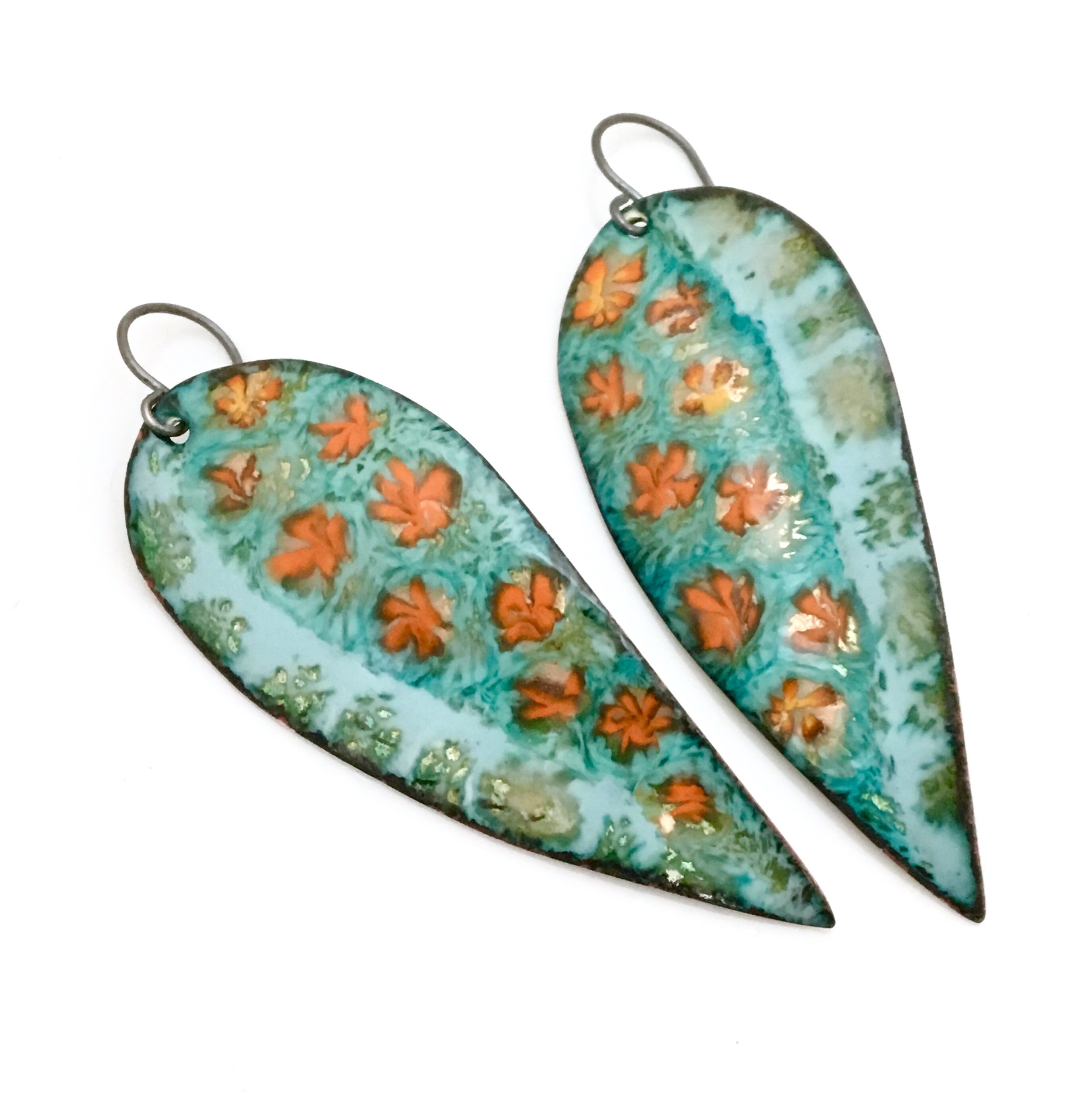 Long Enameled Earrings, Turquoise Flower Dangles, Beautiful Color, Original Gift for Her, Art