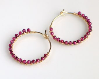 Red Garnet Gold Hoops, January Birthday, Tiny Garnet Beads Wire Wrapped to Handmade Gold Hoops, Red Gem Stone Hoops, Red and Gold Earrings