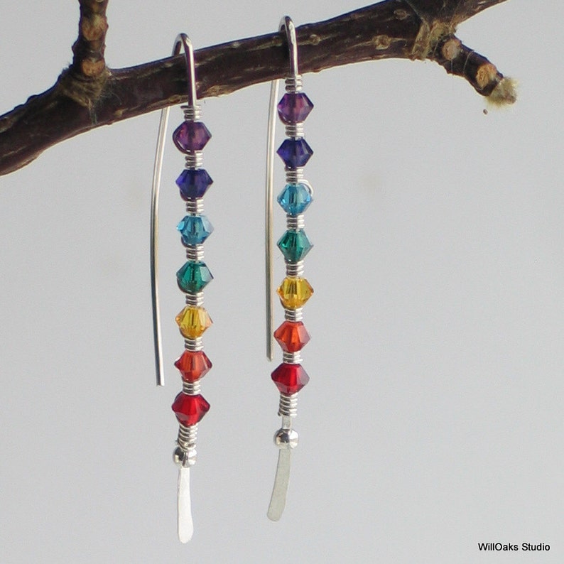 Sterling Silver Chakra Earrings with Rainbow Crystals, Elegant Curved Stick Earrings in Bright Colors, Joyful Fashion Trend image 3