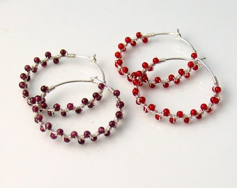 Garnet or Carnelian Hoop Earrings, Red Stone Beaded Jewelry, Dark Red or Orange Red Dainty Handmade Hoops, Fun Fashion