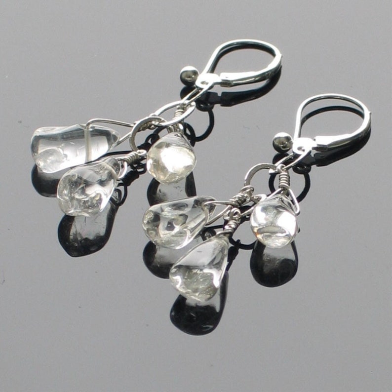 Crystal Quartz Dangle Earrings, Let It Rain, Handmade Triple Raindrops and Sterling Earrings image 2