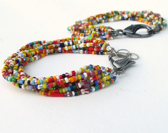 African Trade Bead Multi Strand Bracelet, Brightly Colored Vintage Glass Christmas Bead Mixture Bracelet with Large Clasp