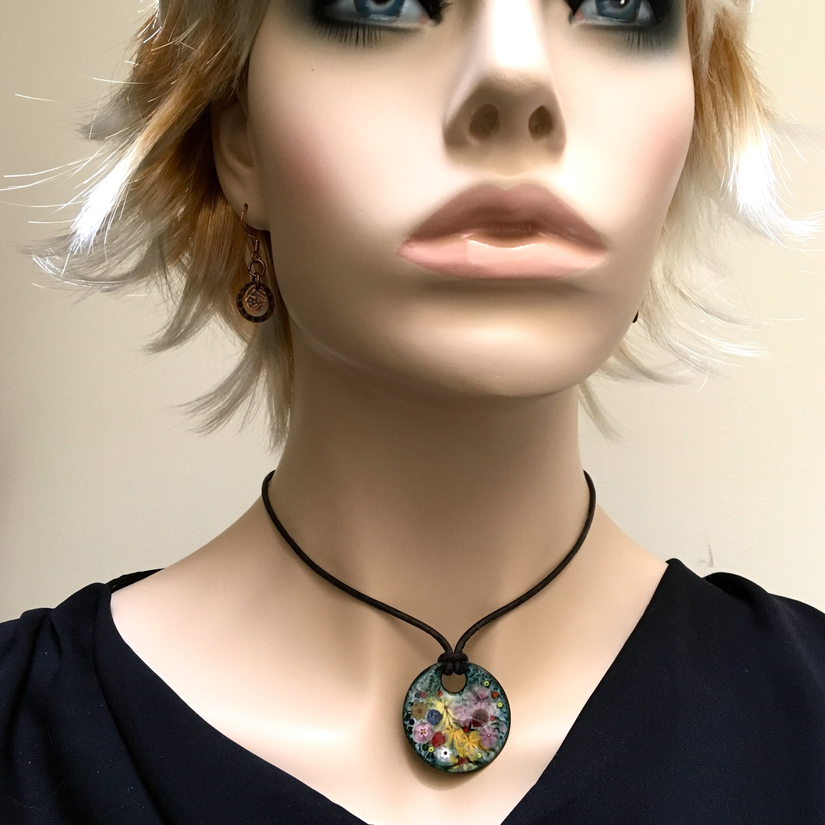 Handmade Enamel Jewelry, Enameled Copper Pendant, Colorful Flowers Art