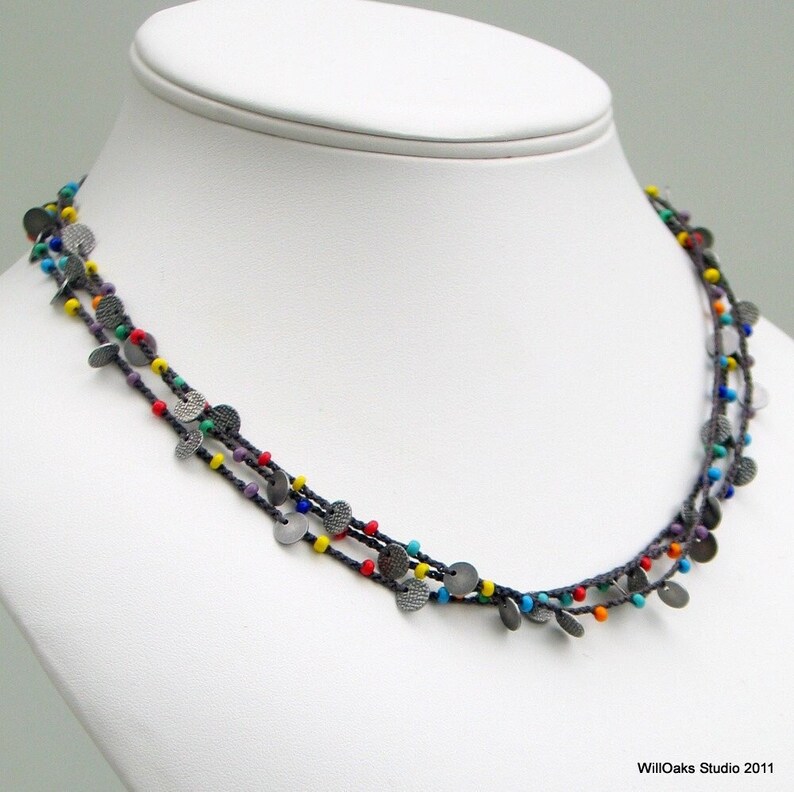 Rainbow Beaded Crochet Necklace or Wrap Cuff, Multi-strand Silk with Antiqued Silver Disks and Multicolored Glass, Hand Crocheted Silk Chain image 2