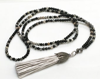 Long Beaded Necklace with Silver Gray Silk Tassel, Long Black & Gray Wrap Chain, Fun Boho Jewelry Trend, Beautiful Hippie Accessory