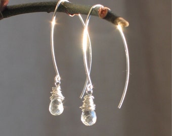 Clear Quartz Crystal Dangle Earrings, Wire Wrapped Winter Dawn Earrings in Sterling Silver, Gift for Her