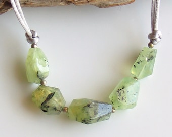 Prehnite Necklace, Natural Prehnite Geometric Faceted Nuggets, Green Stones & Gray Satin, Natural Fashion Trend, WillOaks Stacked Stones