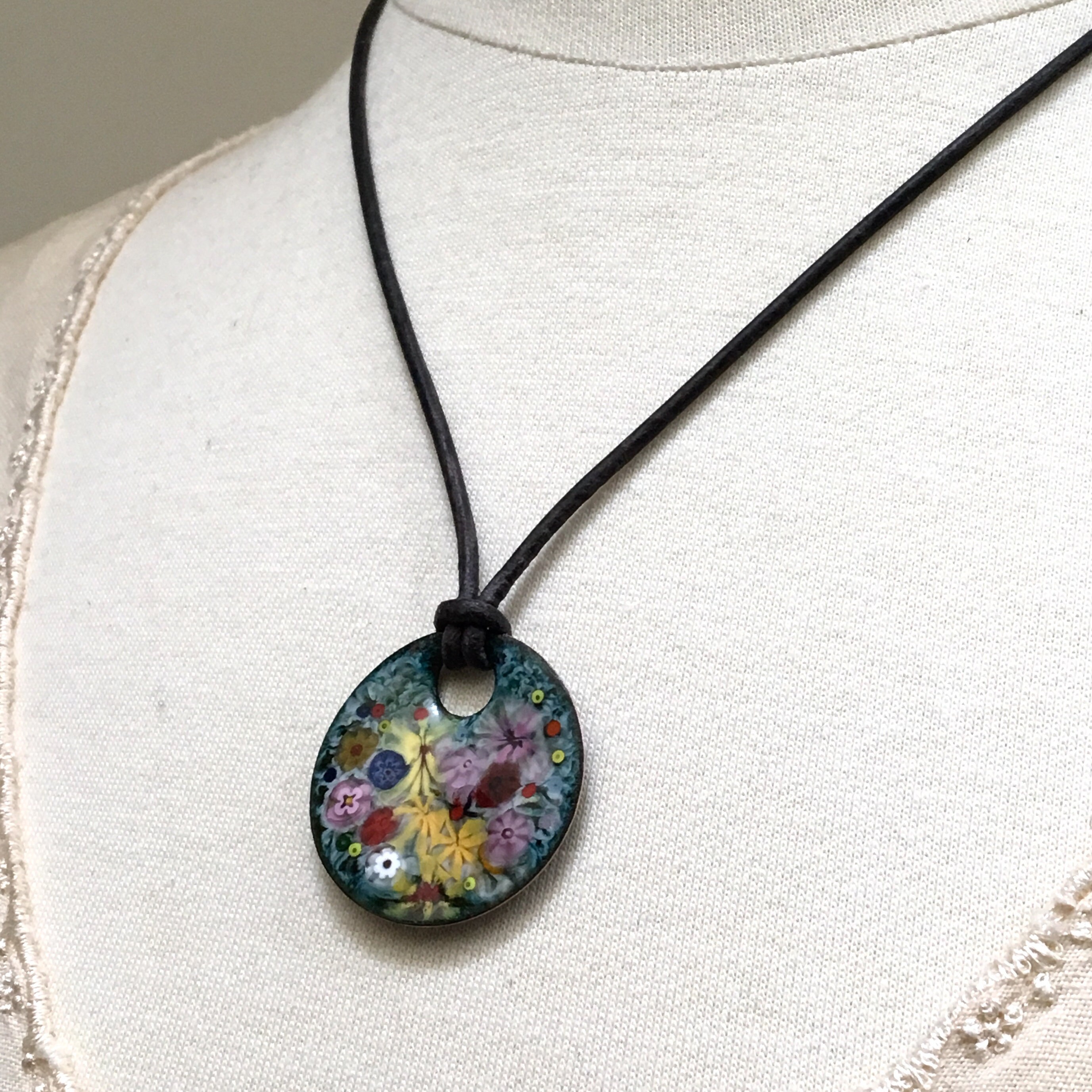 Handmade Enamel Jewelry, Enameled Copper Pendant, Colorful Flowers Art