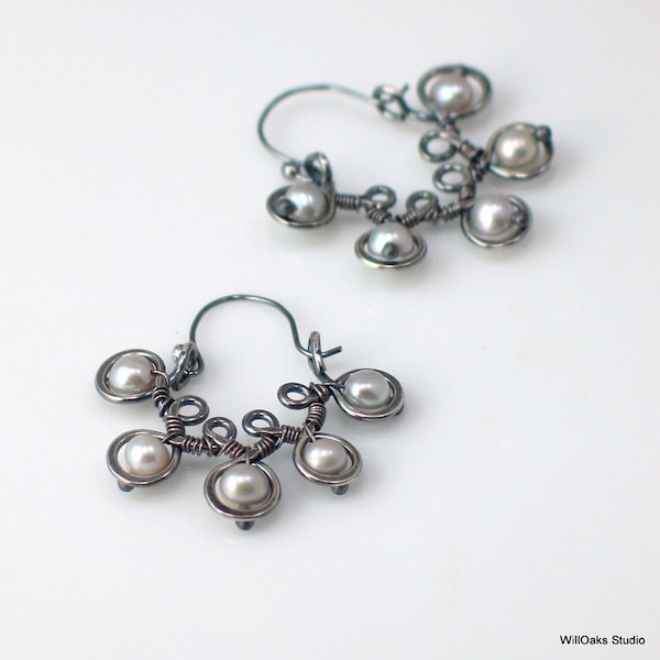 Petite Gray Pearl Hoop Dangle Earrings, Sterling Silver Metalwork with Freshwater Pearls, Elegant Gift for Her,