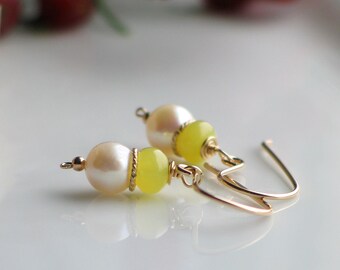 Chartreuse and White Drop Pearl Earrings, Gold Filled White Freshwater Pearl Dangle Earrings, Pearl Classics