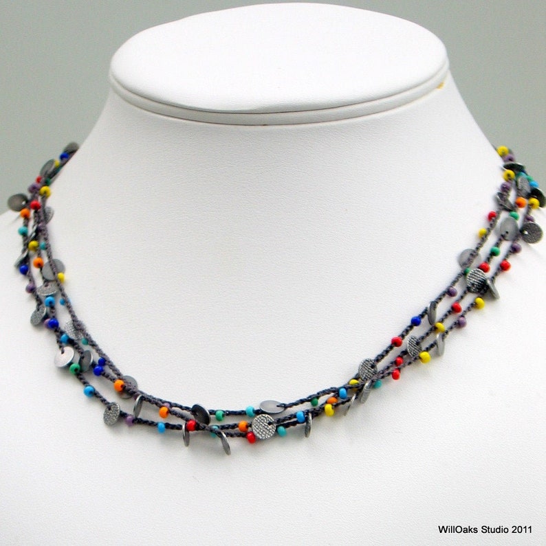 Rainbow Beaded Crochet Necklace or Wrap Cuff, Multi-strand Silk with Antiqued Silver Disks and Multicolored Glass, Hand Crocheted Silk Chain image 3