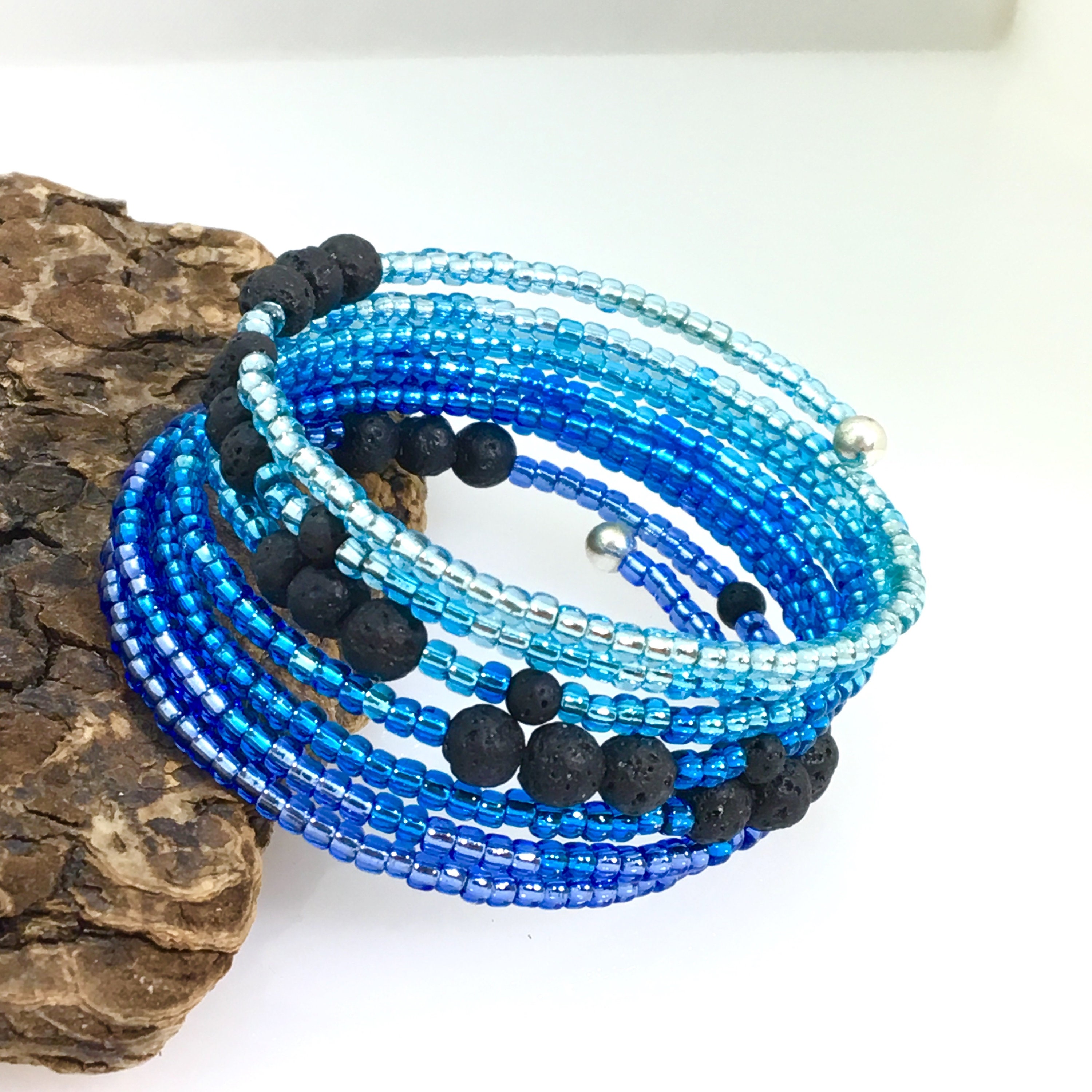 Blue Ombré Glass & Black Lava Stone Cuff Bracelets for Essential Oils ...