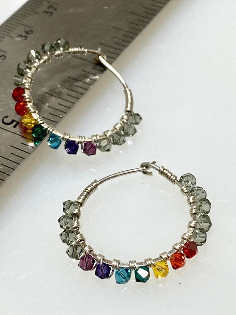 Yoga Chakra Crystal Wrapped Sterling Hoop Earring, Yoga Jewelry, Rainbow Colors, Full Spectrum, Conscious Fashion image 5